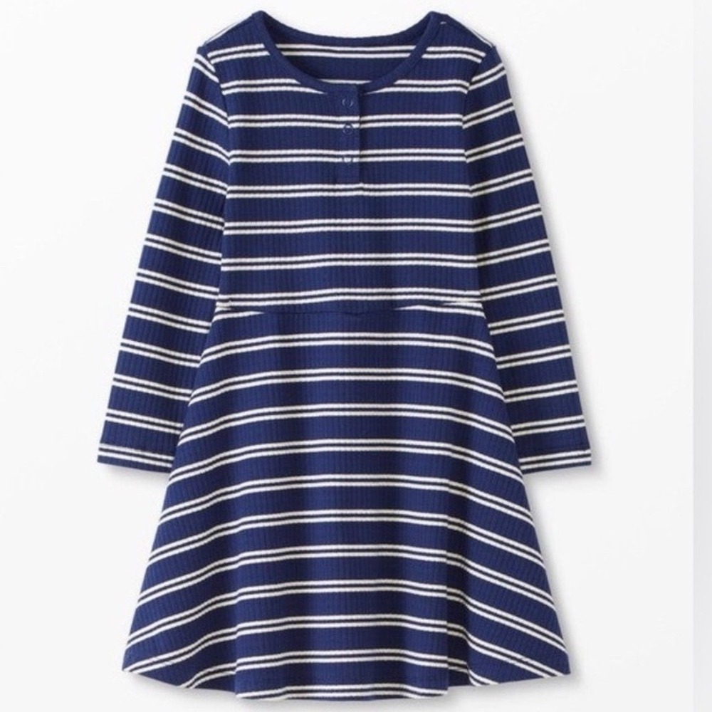 Hanna Andersson Girls Blue White Stripe Knit Ribbed‎ Henley Dress Size 130 US 8